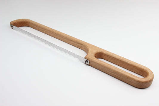 Gap handle bow bread knife with solid oak handle