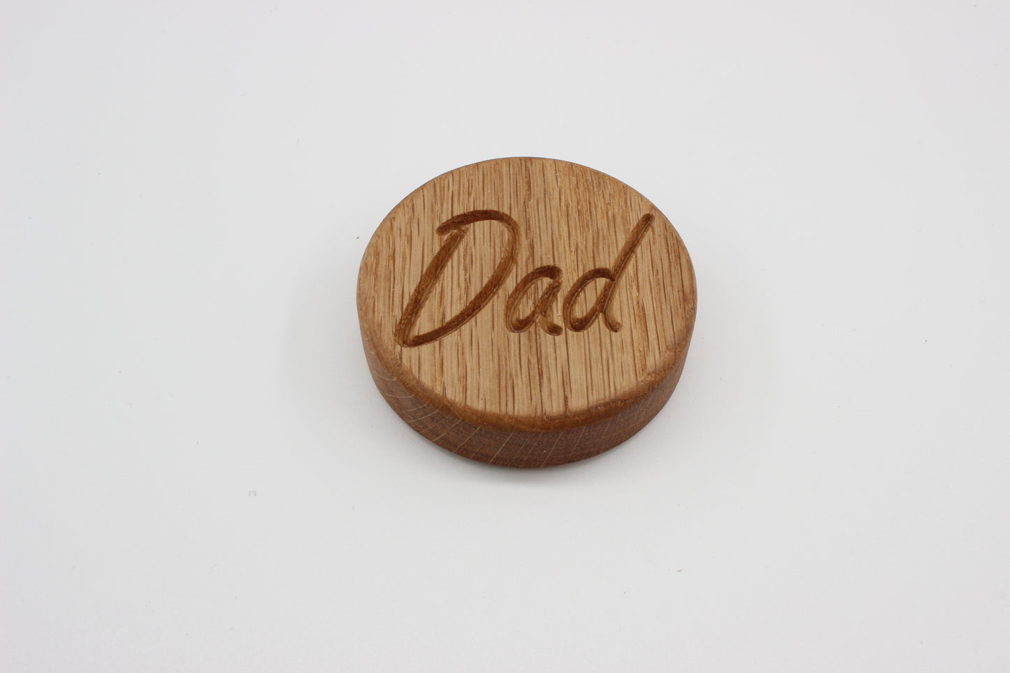 Solid Oak Puck Style Bottle Opener - Engraved 'Dad'