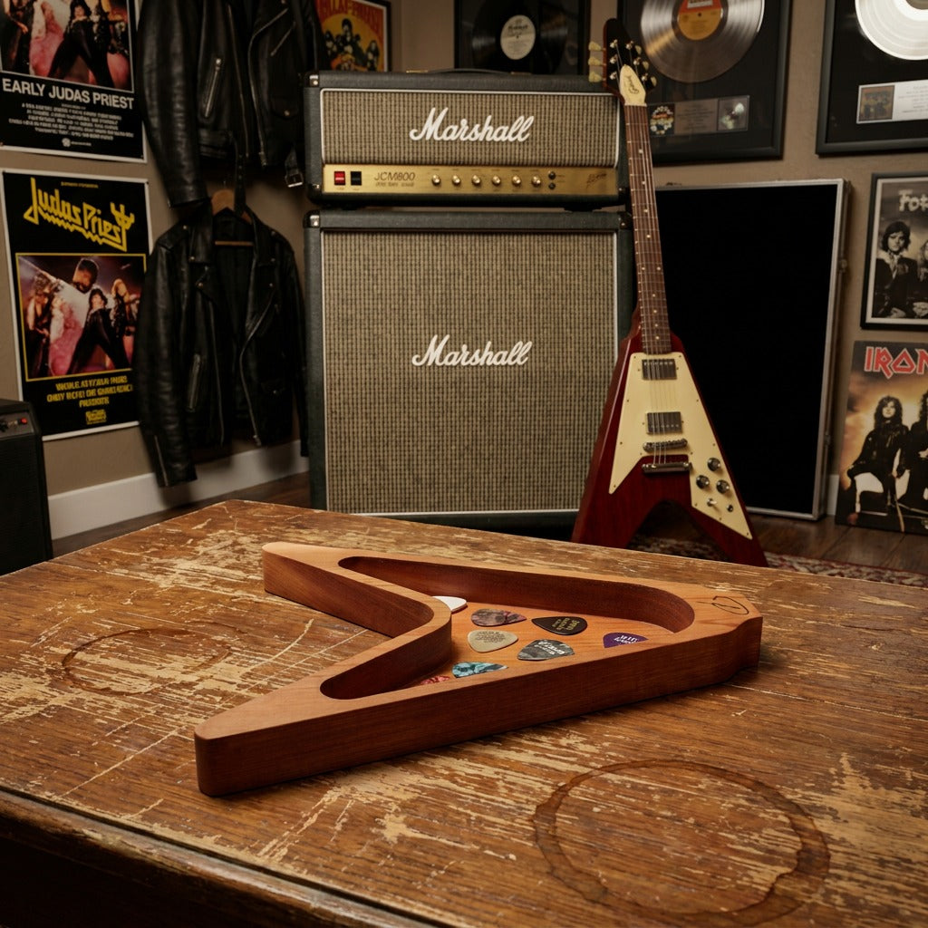 Cherry Flying V style guitar valet tray with plectrums