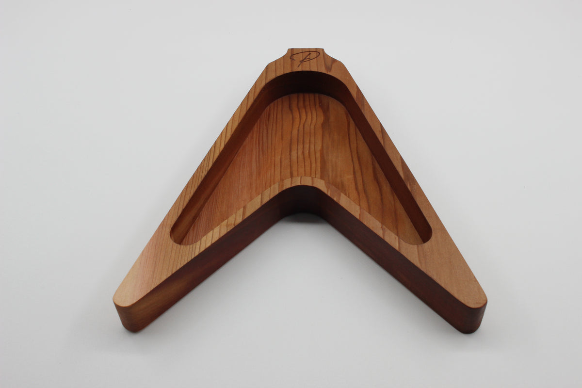 Flying V style valet tray showing solid cherry wood grain
