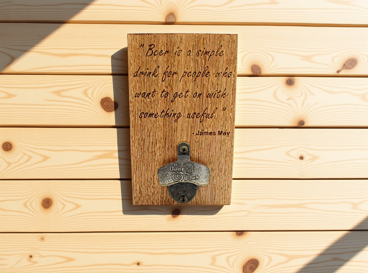 Engraved solid oak wall bottle opener with beer quote