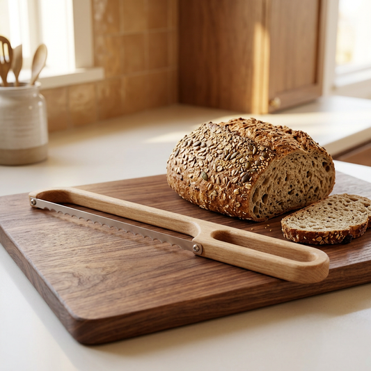 Gap handle bow bread knife with sliced crusty loaf