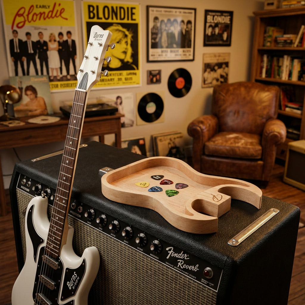 Maple Bison style guitar valet tray with plectrums in music room setting