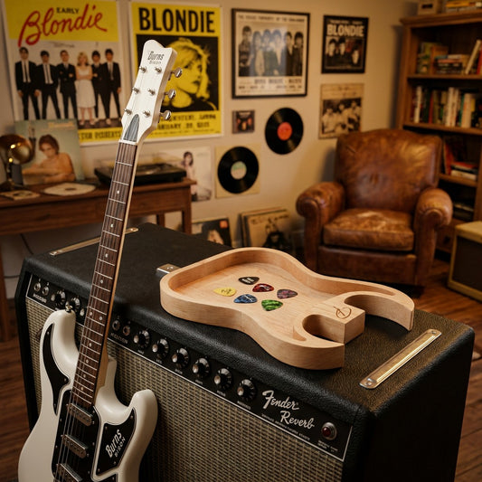 Maple Bison style guitar valet tray with plectrums in music room setting