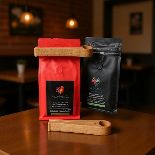 Oak coffee scoop and bag clip with bags of coffee