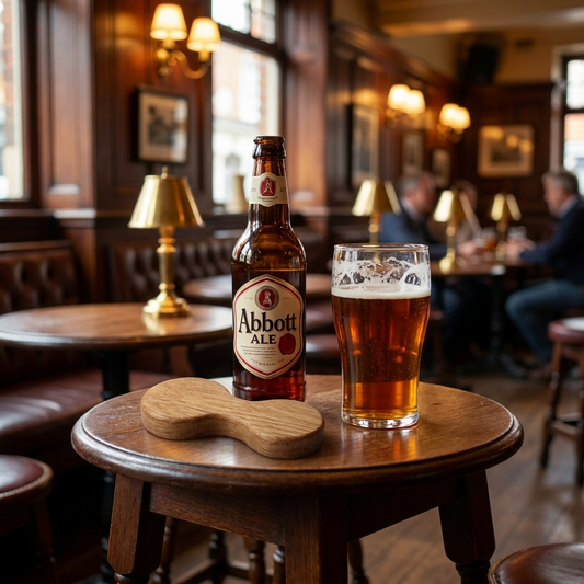 Signature Oak Bottle Opener with beer in traditional pub setting