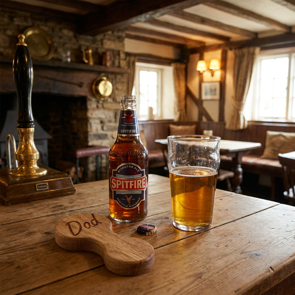 Signature oak Dad bottle opener with beer in traditional pub setting