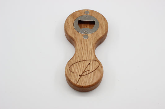 Reverse of Signature Oak Bottle Opener showing integrated opener and magnets