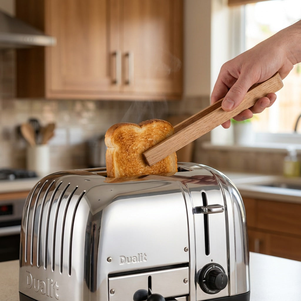 Solid oak toaster tongs lifting toast from a toaster