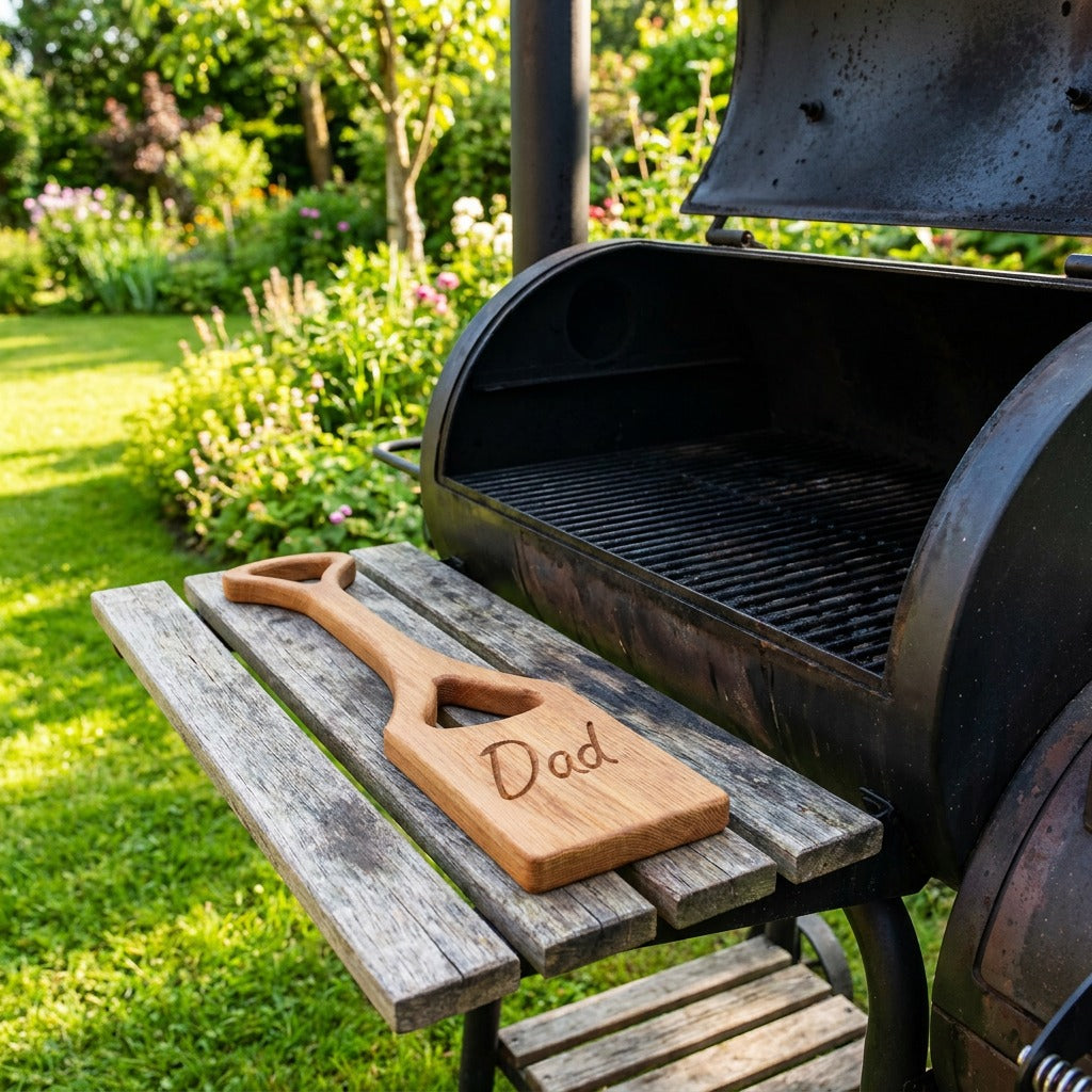 Solid oak Dad BBQ grill scraper beside outdoor barbecue