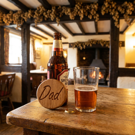 Solid oak Dad bottle opener with beer in traditional pub setting