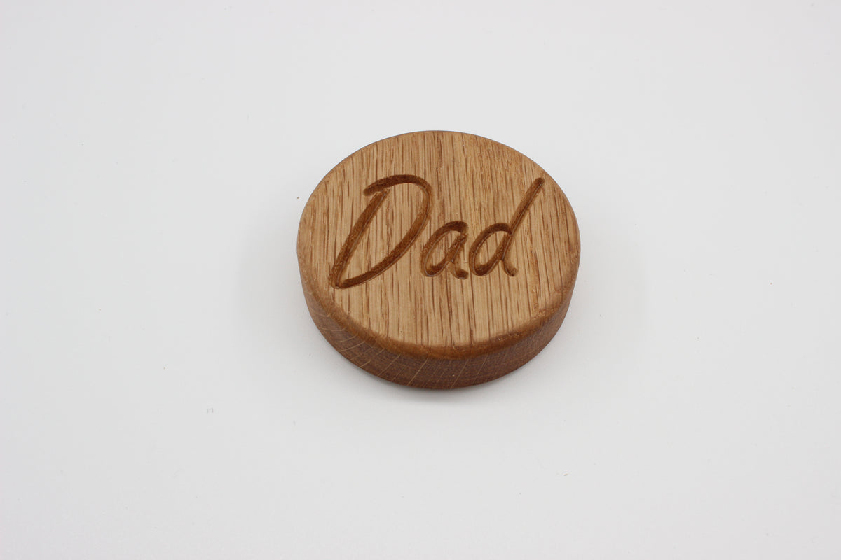 Handcrafted solid oak bottle opener engraved with Dad