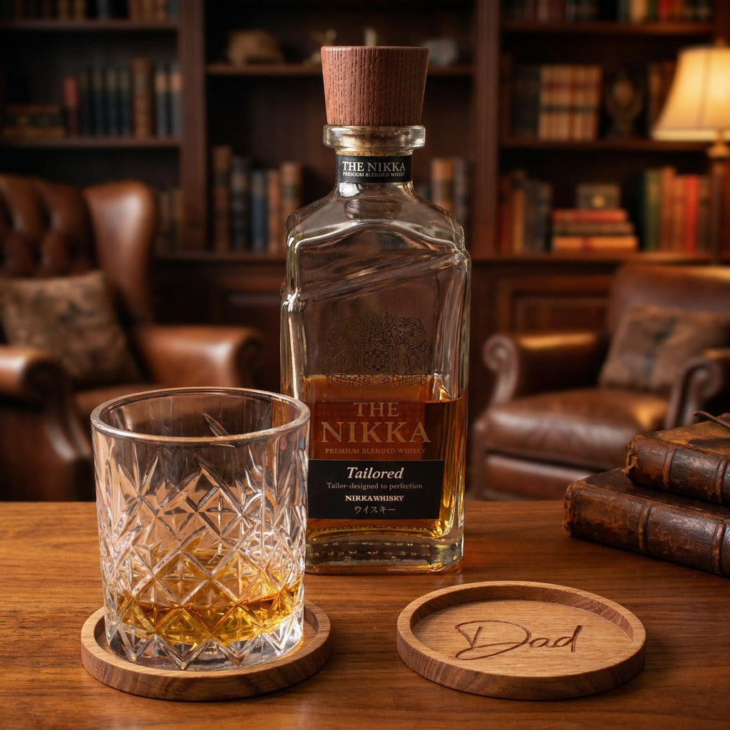 Solid oak Dad drinks coaster with whisky glass in traditional study setting
