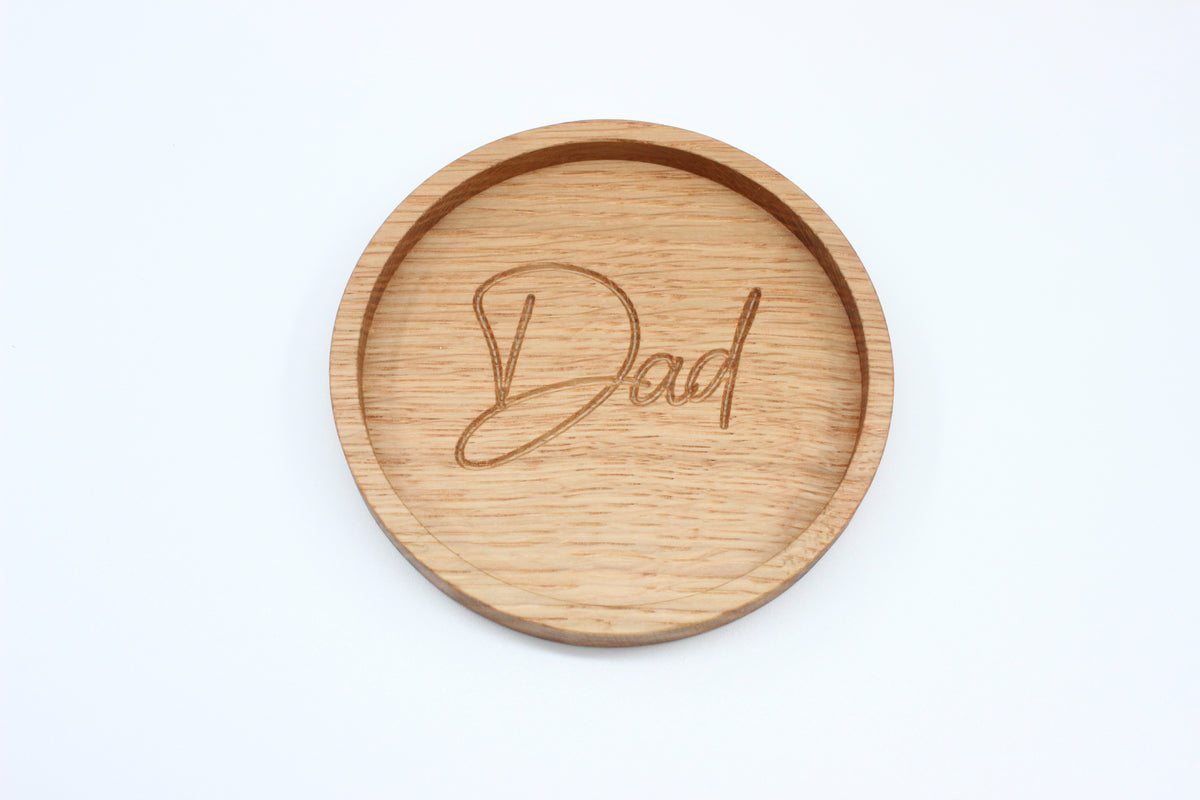 Handcrafted solid oak drinks coaster engraved with Dad