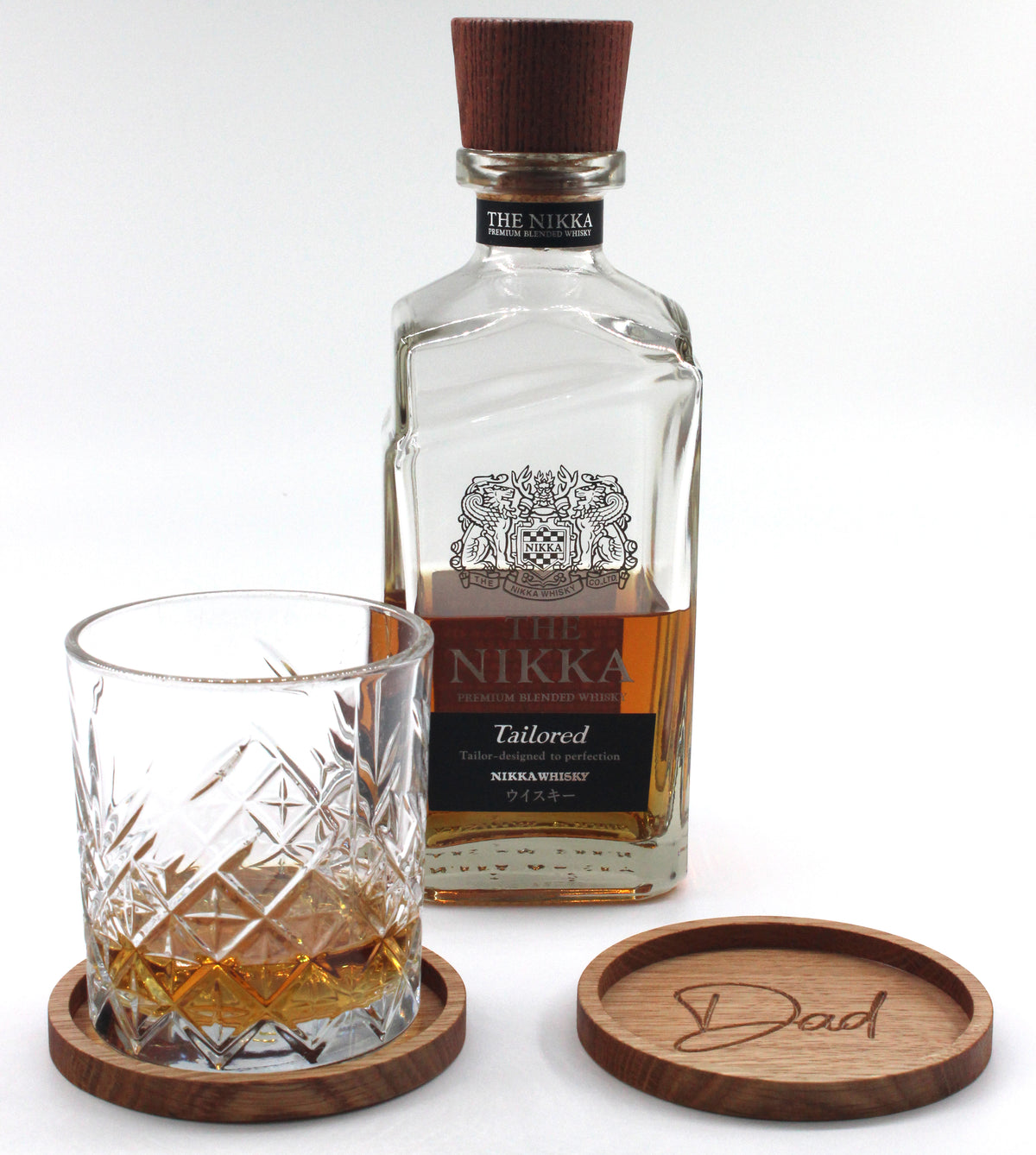 Oak Dad coaster with whisky glass and bottle