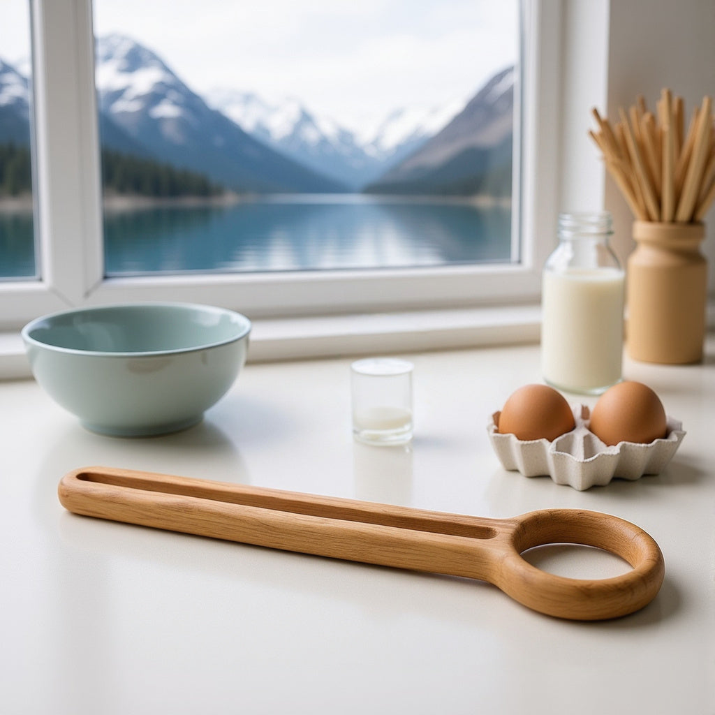 Solid oak Danish dough whisk with baking ingredients