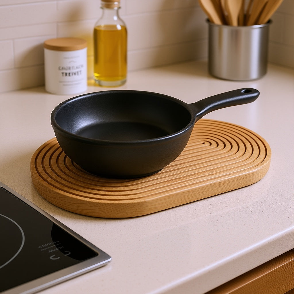 Solid oak grooved trivet protecting a kitchen worktop from a hot pan
