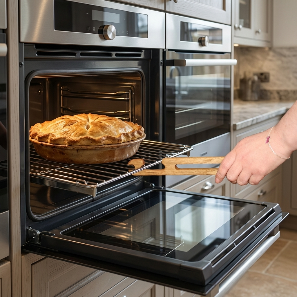 Solid oak oven push stick pulling an oven rack