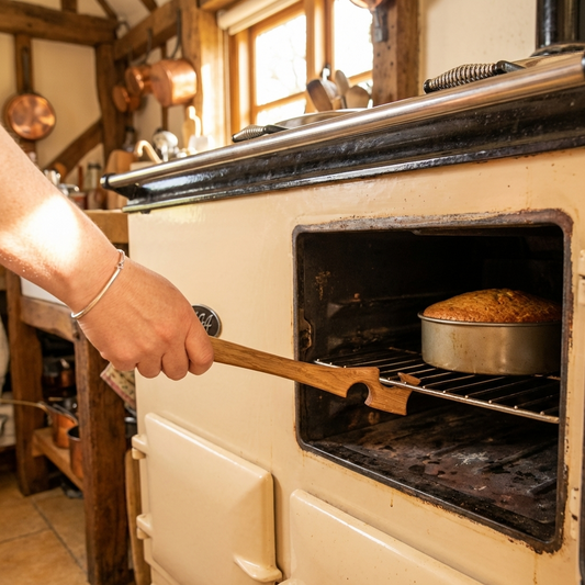 Solid oak oven push stick pulling an oven rack