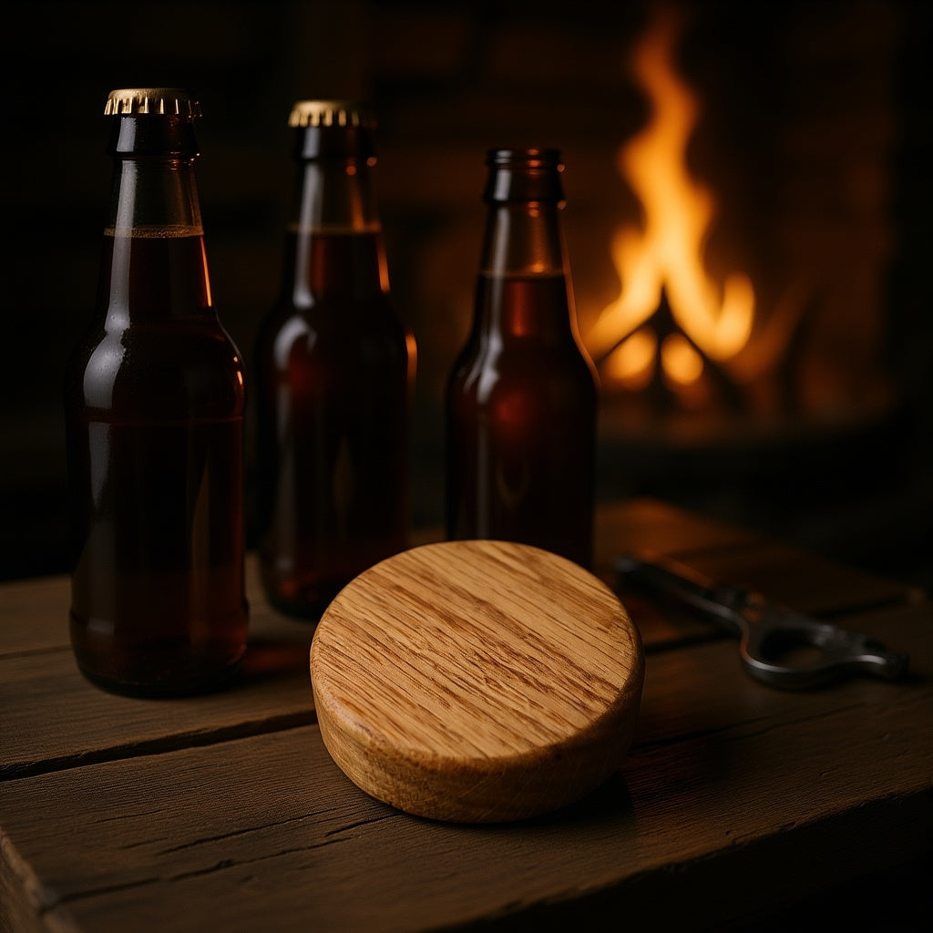 Solid oak puck-style bottle opener with beer bottles by a fire