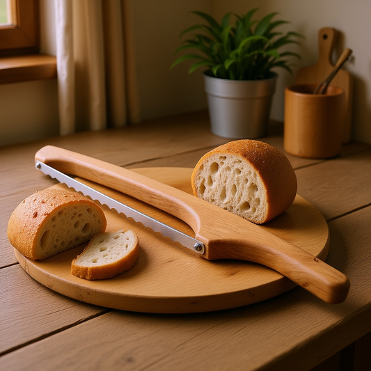 Traditional oak bow bread knife with sliced crusty bread