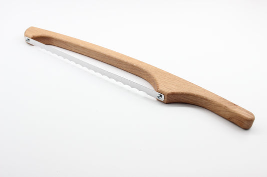Traditional bow bread knife with solid oak handle and serrated blade