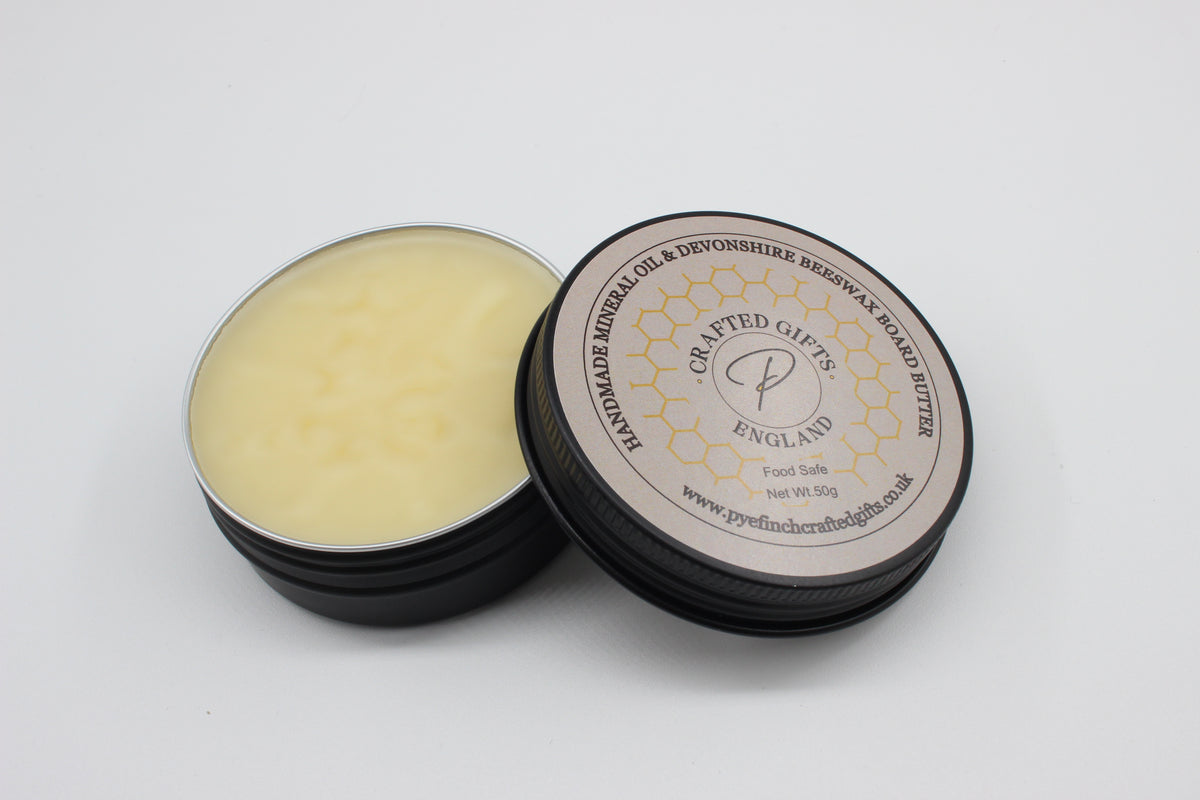 Open 50g tin of Pyefinch Board Butter mineral oil and beeswax wood conditioner